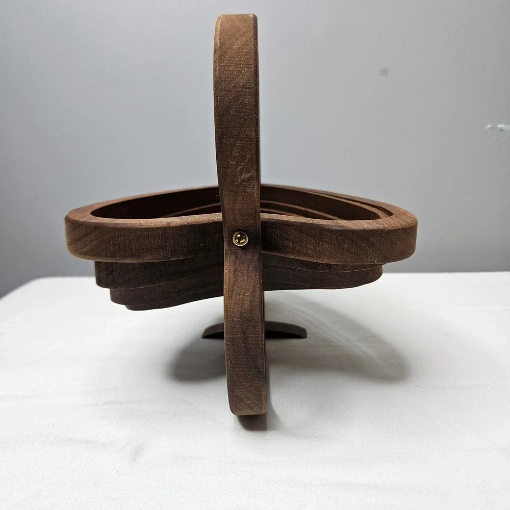 Vintage Heart Shaped Collapsible Wood Fruit Basket Trivet Walnut MCM Decor 10x11